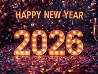 Happy new year 2026 with illuminated numbers and confetti