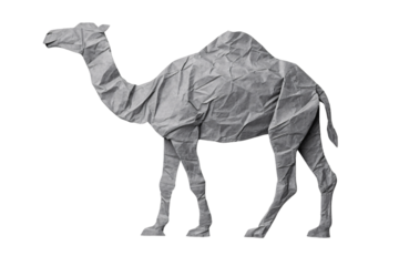 Gray origami camel with crumpled paper texture showing single hump long neck and standing pose, isolated on a transparent background
