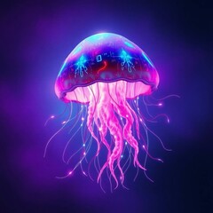 Luminous Ocean Dweller: A vibrant jellyfish glows with an ethereal light, its tentacles gracefully swaying in the deep, mesmerizing depths of the sea.