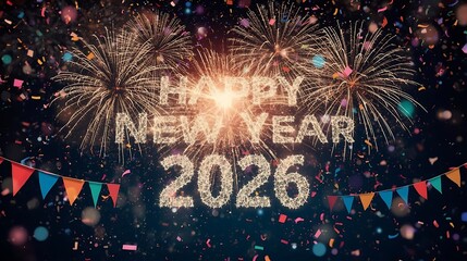 Sparkling fireworks celebrate the arrival of happy new year 2026