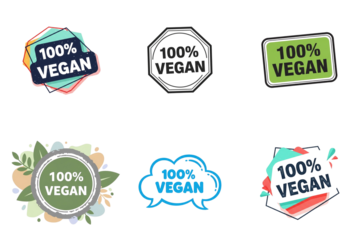 100 vegan badges set with 100 percent vegan labels, eco friendly vegan icons and plant based stickers in modern shapes, speech bubble and green leaves style for organic food, healthy lifestyle design