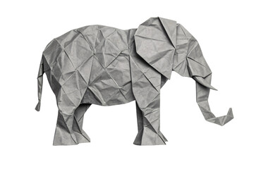 Obraz premium Gray crumpled paper elephant with geometric folded texture and raised trunk detail, isolated on a transparent background