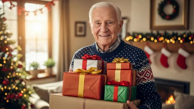 Happy senior man receiving and holding a stack of Christmas gifts in a living room decorated for holiday
