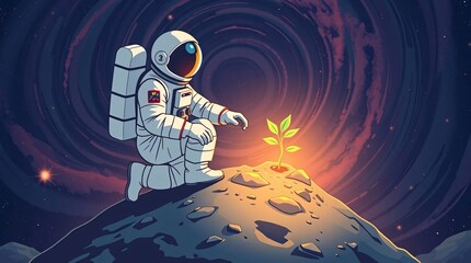 Astronaut and the Seed: An astronaut, representing humanity's aspirations, tenderly tends to a sprouting seed on an alien planet, symbolizing new beginnings, hope.