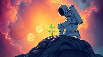 Astronaut Planting New Life: An astronaut tenderly tends to a seedling on an alien planet, symbolizing hope, growth, and the boundless spirit of exploration against the backdrop of a vibrant cosmos.