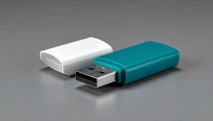 Teal USB flash drive with white cap removed, exposing USB connector, placed on clean white background.