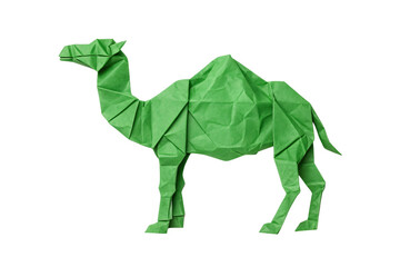 Obraz premium Origami camel with single hump crafted from green paper showing geometric folds and details, isolated on a transparent background