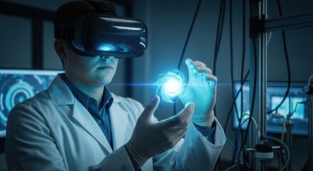 Sci-fi lab: researcher in vr headset, a galaxy analysis
