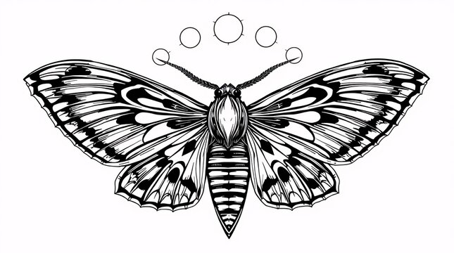 Delicate Moth Illustration: A meticulously crafted monochrome illustration of a moth, featuring intricate patterns and details. The artistic composition conveys both elegance and mystery.