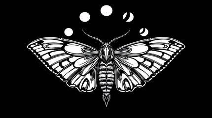 Celestial Moth on Black: A meticulously detailed illustration of a moth, adorned with a series of moon phases, set against a dark, cosmic backdrop, symbolizing transformation, mystery, and the night.