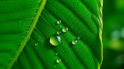 Emerald Dewdrop on Leaf: A macro shot captures the intricate texture of a vibrant green leaf, adorned with glistening, clear water droplets, showcasing the beauty of nature's simple elegance.