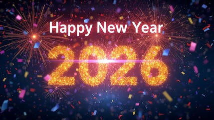 Sparkling happy new year 2026 with fireworks and confetti