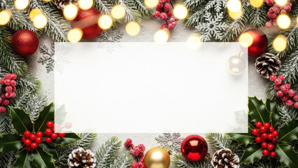 Festive christmas frame with snow-dusted pine branches, red berries, ornaments, and sparkling bokeh lights