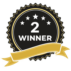Fototapeta premium A black and gold badge with five stars and a ribbon indicating second place winner award design