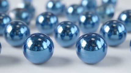 A group of shiny blue spheres scattered on a white surface with a few reflections and shadows.