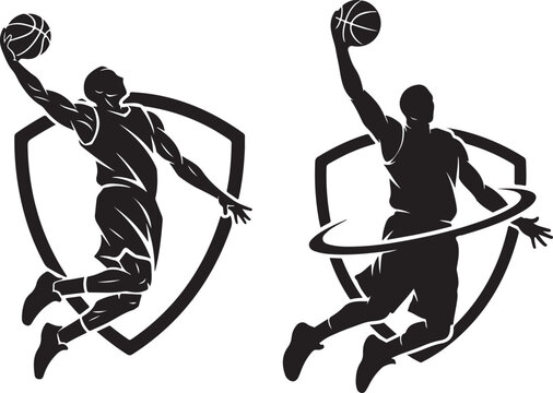 Athletic Basketball Dunk Logo Illustration, Basketball Player Dunk Silhouette Vector Set..