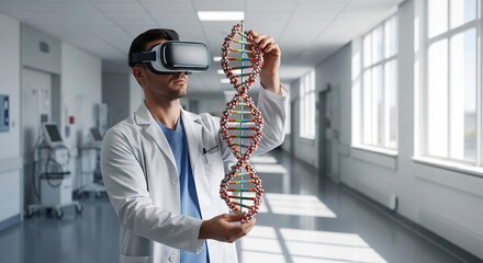 Doctor in vr headset examines dna in hospital