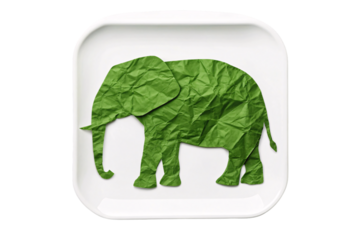 Green crumpled paper elephant side profile white tray eco friendly sustainable art isolated on a transparent background