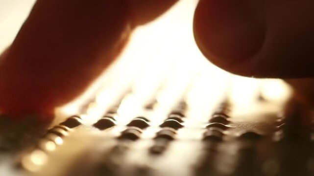 Close-up of fingertips tracing Braille lines in soft afternoon lighting.