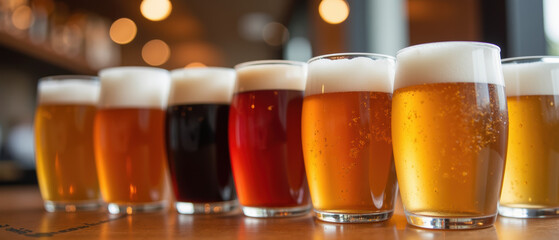Refreshing craft beers in various colors and styles displayed in glasses, showcasing vibrant selection for beer enthusiasts