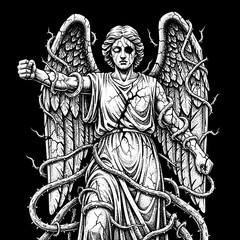Gothic Angel Statue with Thorny Vines and Cracked Texture.