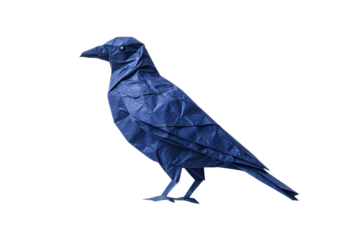 Sophisticated origami crow with geometric angular folds, pointed beak, and realistic proportions crafted from navy blue paper, isolated on a transparent background