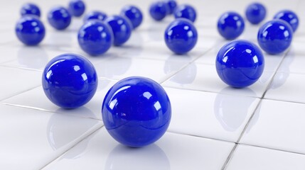 A group of blue spheres scattered on a white tiled floor with reflections.