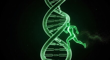 Human figure running on glowing green dna helix