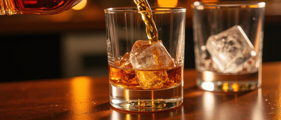 Rich whiskey being poured into glass with ice cubes, creating warm and inviting atmosphere