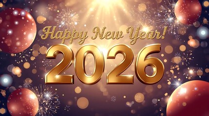 Golden happy new year 2026 with orbs and lights