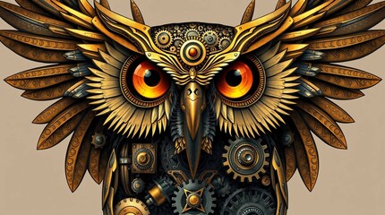 Steampunk Owl: A captivating artwork showcasing a steampunk-inspired owl, its intricate design, composed of gears and mechanical elements, with mesmerizing fiery eyes.