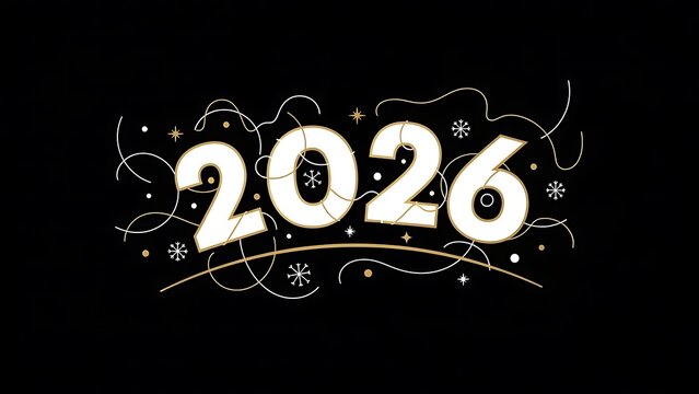 2026 numbers with abstract swirls and snowflakes on black background