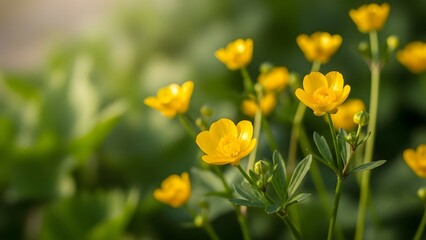 Obraz premium Close up of buttercup flowers in a field with soft focus and natural green background