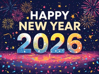 Happy new year 2026 celebration with fireworks and confetti