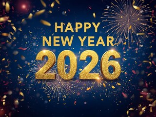Golden happy new year 2026 with fireworks and confetti