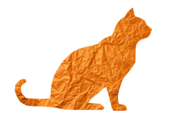 Orange crumpled paper textured cat sitting upright with curved tail side profile view, isolated on a transparent background
