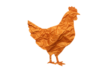 Orange crumpled paper textured rooster chicken with prominent comb wattle and upright tail, isolated on a transparent background