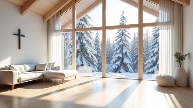 A bright, airy living room: light L-sofa, wall cross, small plant, and snow-covered pines visible through large wood-framed windows.
