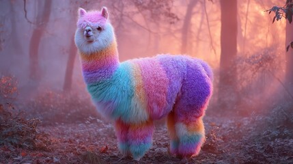Obraz premium A colorful alpaca with a rainbow-colored coat standing in a misty forest with a pink sky.