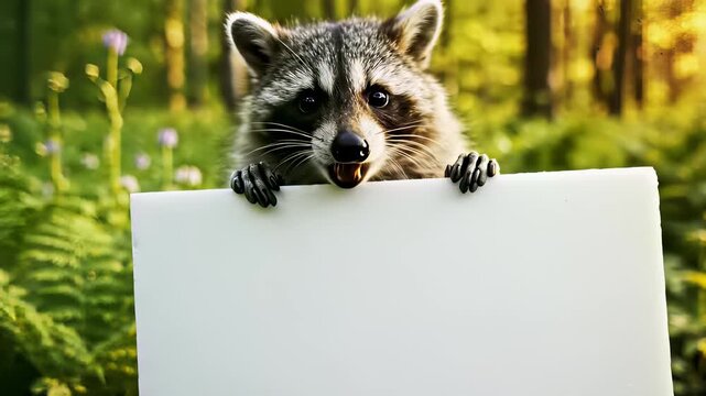 A playful raccoon holds up a handwritten sign in a lush forest setting, its furry paws grasping the cardboard with determination, perfectly capturing the concept of whimsical parenthood and the.