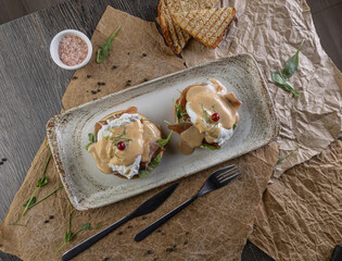 Top view of eggs benedict