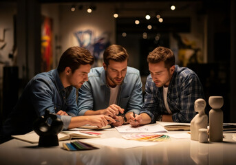 Three men collaborating on design project. Creative male team working together, drawing on paper with color swatches on desk. Teamwork and idea generation concept.