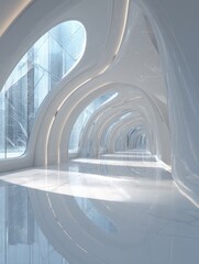 Obraz premium futuristic curved hallway interior with skylights and glossy white architecture