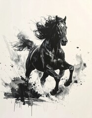 A brush-drawn ink painting of a horse in motion　筆で描いた躍動する馬の墨絵