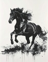 A brush-drawn ink painting of a horse in motion　筆で描いた躍動する馬の墨絵