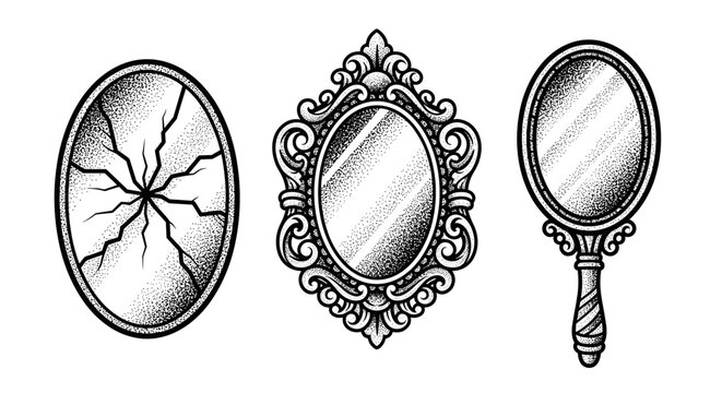 Three antique mirrors with ornate frames and one cracked mirror.