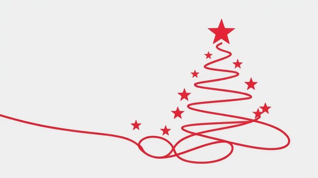 ilustraci&oacute;n minimalista de un &aacute;rbol de Navidad formado por una l&iacute;nea roja continua, coronado con una estrella y rodeado de peque&ntilde;as estrellas rojas sobre un fondo blanco limpio.