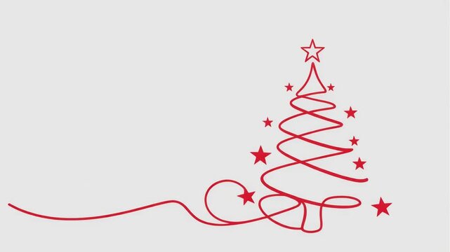 ilustraci&oacute;n minimalista de un &aacute;rbol de Navidad formado por una l&iacute;nea roja continua, coronado con una estrella y rodeado de peque&ntilde;as estrellas rojas sobre un fondo blanco limpio.