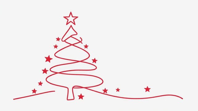 ilustraci&oacute;n minimalista de un &aacute;rbol de Navidad formado por una l&iacute;nea roja continua, coronado con una estrella y rodeado de peque&ntilde;as estrellas rojas sobre un fondo blanco limpio.