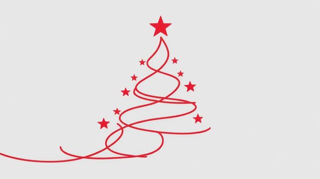 ilustraci&oacute;n minimalista de un &aacute;rbol de Navidad formado por una l&iacute;nea roja continua, coronado con una estrella y rodeado de peque&ntilde;as estrellas rojas sobre un fondo blanco limpio.